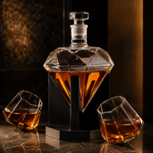Carafe à Whisky diamant avec 2 verres et support en bois