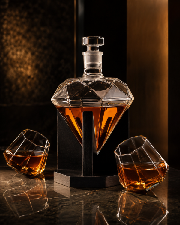 Carafe à Whisky diamant avec 2 verres et support en bois