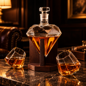 Carafe à Whisky diamant avec 2 verres et support en bois