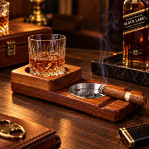 Porte cigare et verre en bois avec cendrier