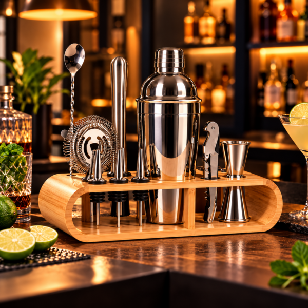 Le Geste Juste — Kit cocktail en inox avec support en bois